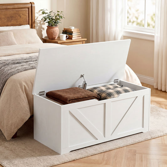 White wood-effect storage ottoman trunk with open lid and inner compartments