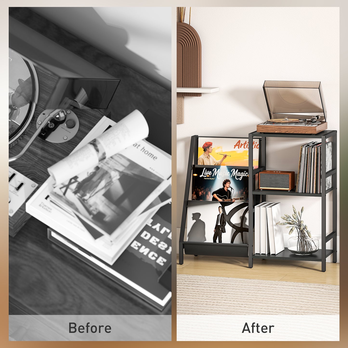 HOMCOM 3 Tier Record Player Stand End Table for Living Room and Bedroom Black Wood Effect