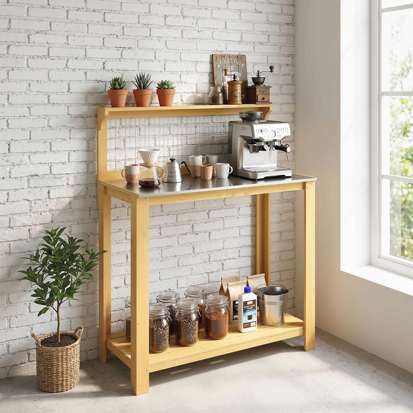 Outsunny Wooden Potting Bench Table With Aluminium Worktop Outdoor Garden Workbench Two Shelves