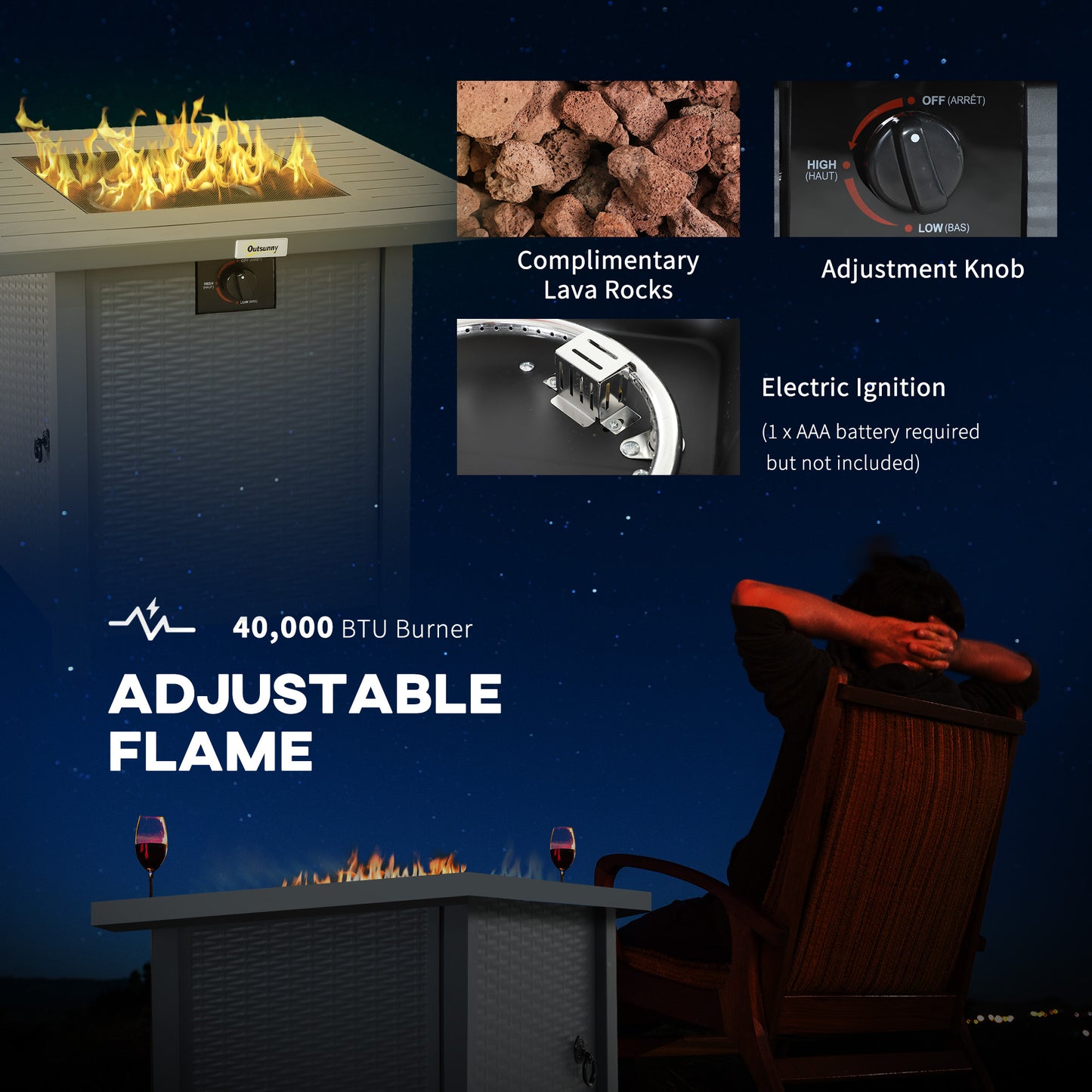 Outsunny Rattan Style Propane Gas Fire Pit Table 40000 BTU Smokeless Square Patio Heater with Thermocouple Lava Rocks