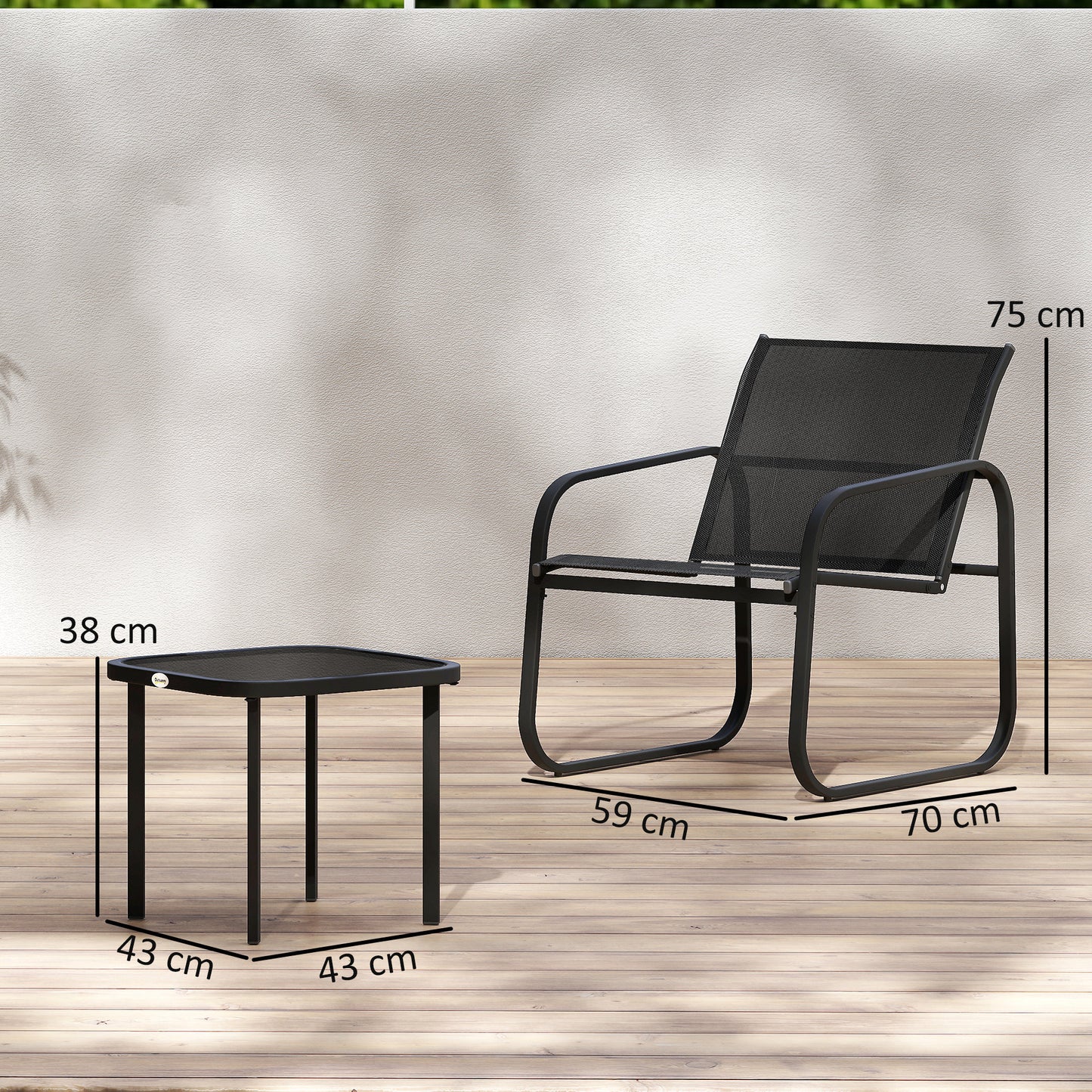 Outsunny Three Piece Garden Seating Set With Square Glass Top Table Two Armchairs Black Powder Coated Steel