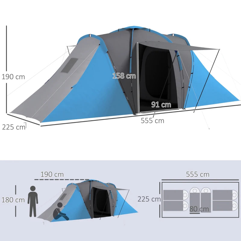 Outsunny Large Camping Tunnel Tent with 2 Bedrooms and Living Area - 2000mm Waterproof, Portable Design with Bag for 4-6 People - Blue Family Tent for Outdoor Adventures - ALL4U RETAILER LTD