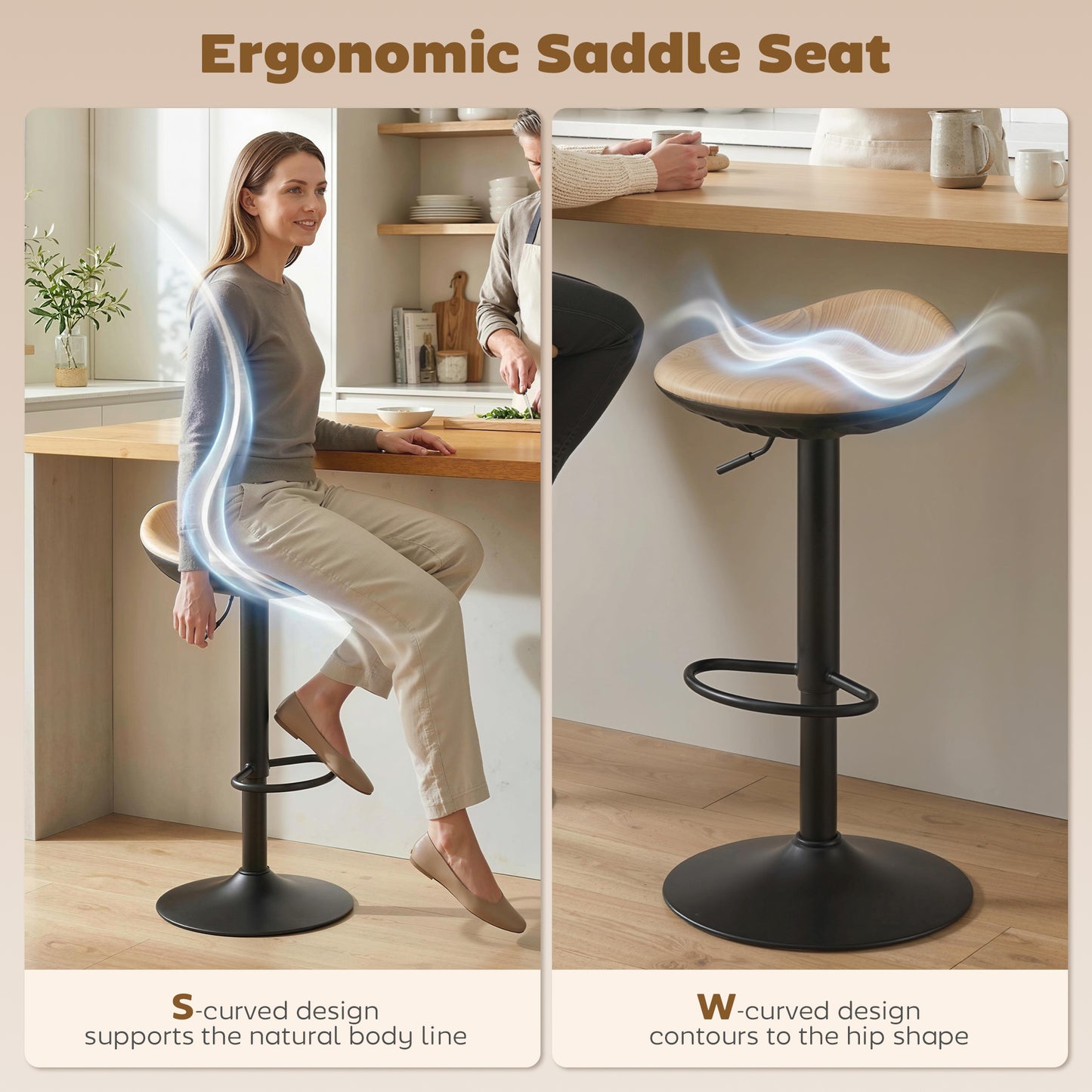 HOMCOM Set Of 2 Bar Stools PU Leather Saddle Seat Height Adjustable Swivel Kitchen Chairs With Footrest Oak