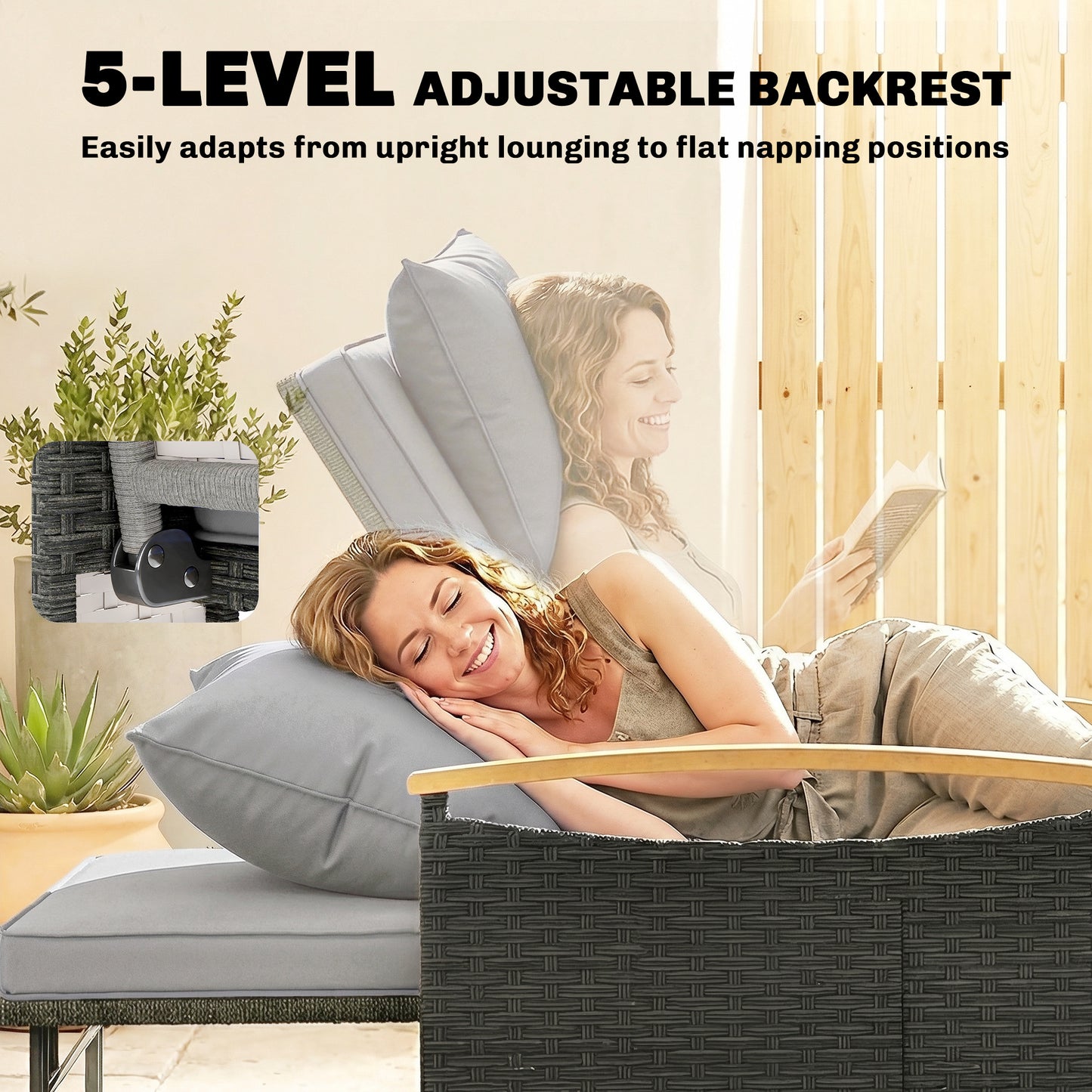 Outsunny Double Outdoor Rattan Daybed Chaise Lounger With Storage Ottoman And 4-Level Adjustable Backrest Dark Grey