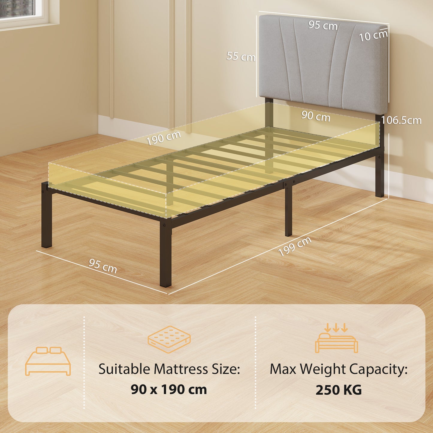 HOMCOM 3FT Single Bed Frame With Upholstered Headboard And Underbed Storage In Black And Light Grey