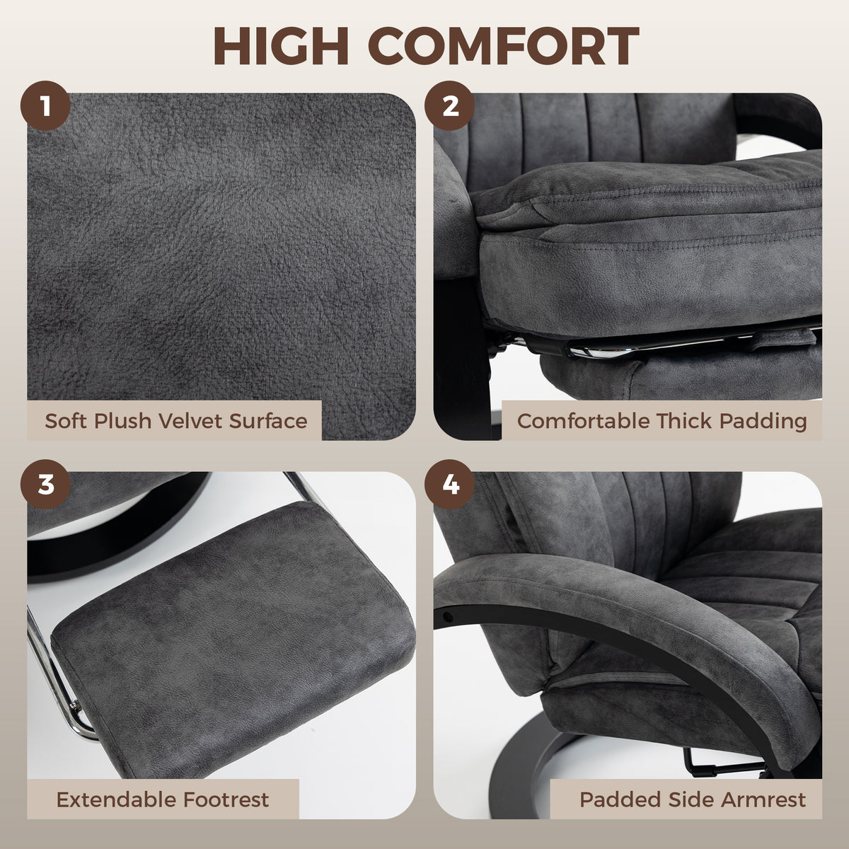 Gray velvet recliner chair close-up: plush seat, thick padding, side armrest
