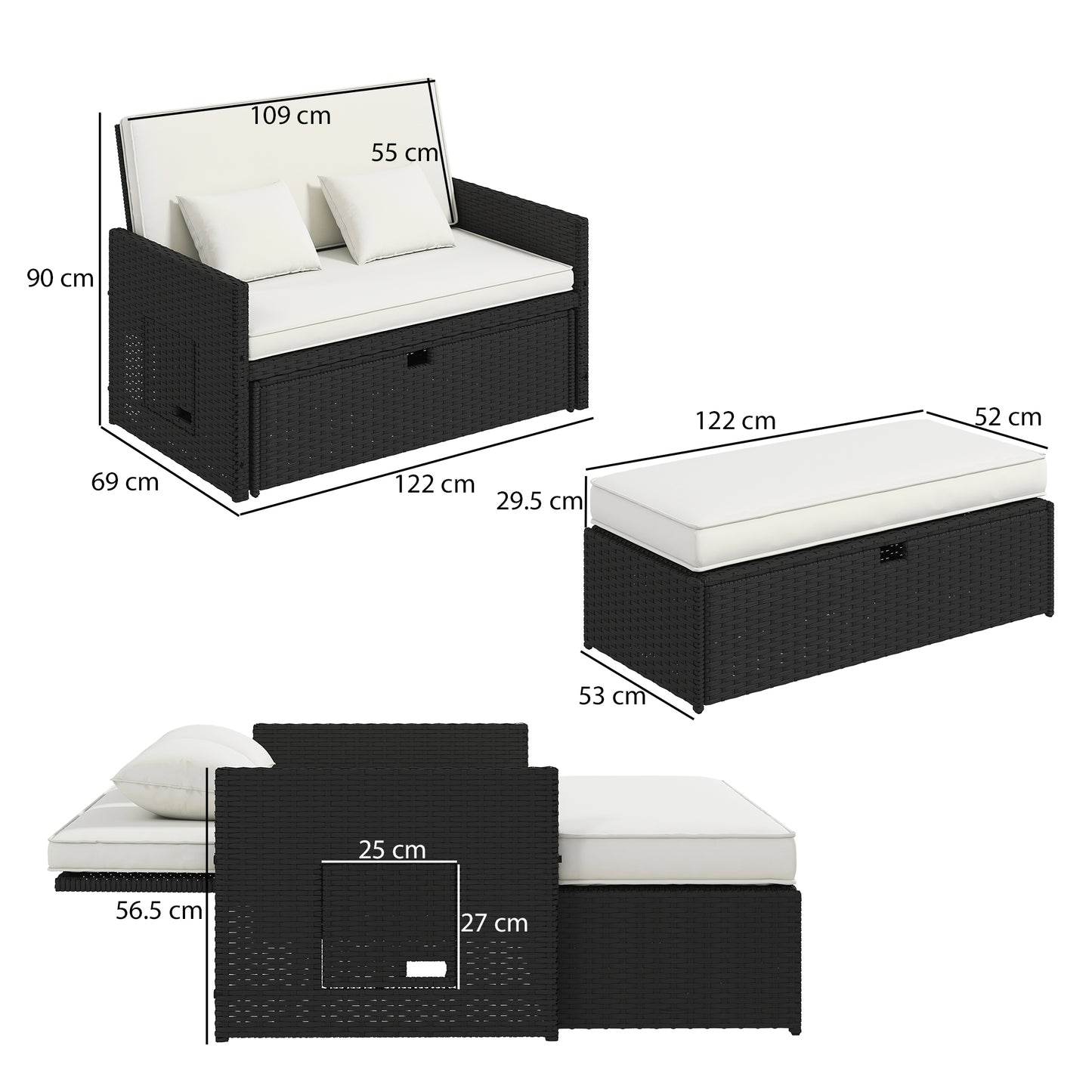 Outsunny Rattan Garden Daybed Two Piece Lounge Set With Adjustable Back And Storage Ottoman Cream White