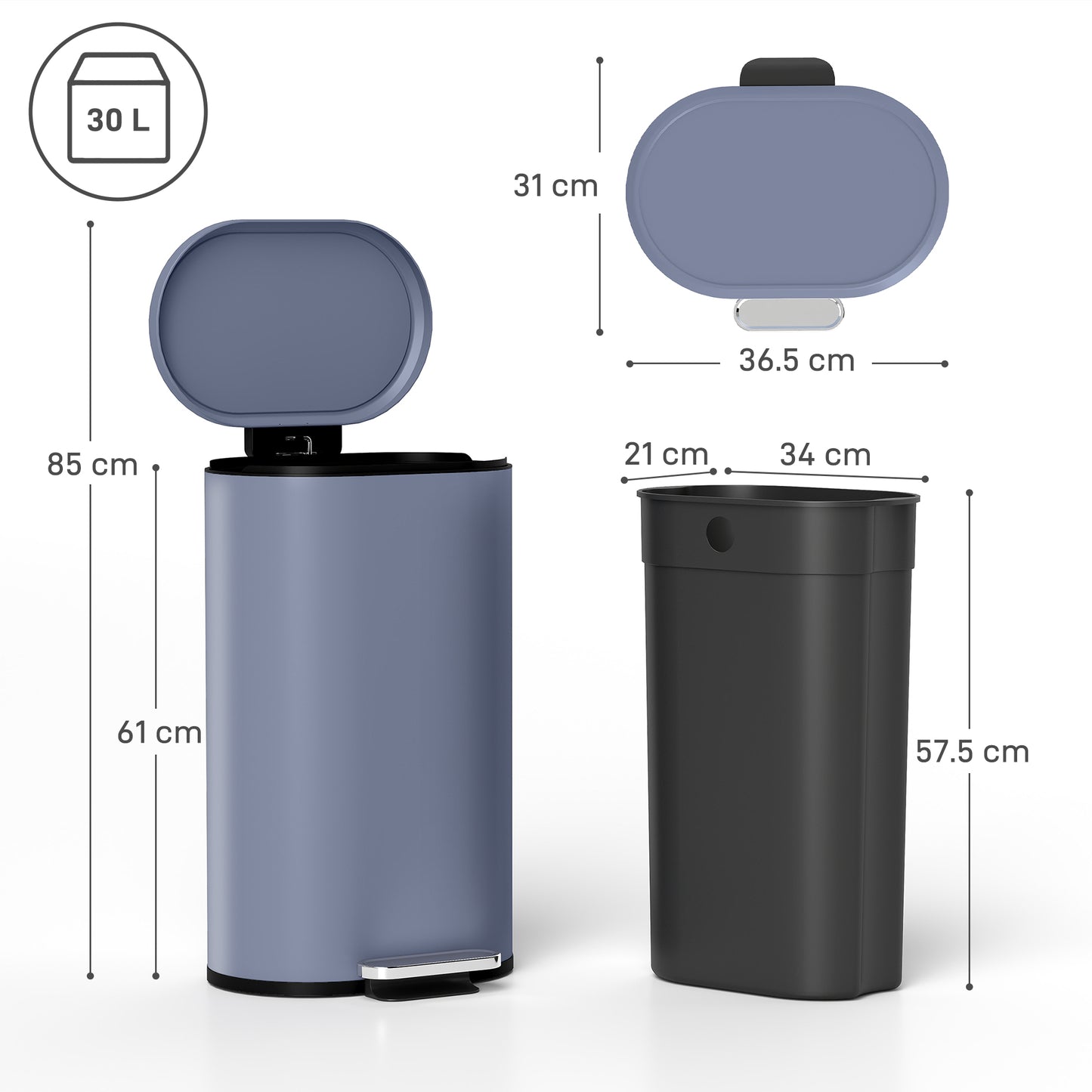 HOMCOM 30 L Modern Curved Kitchen Bin With Silent Soft Close Lid Grey Finish Fingerprint Resistant Metal Pedal Operated