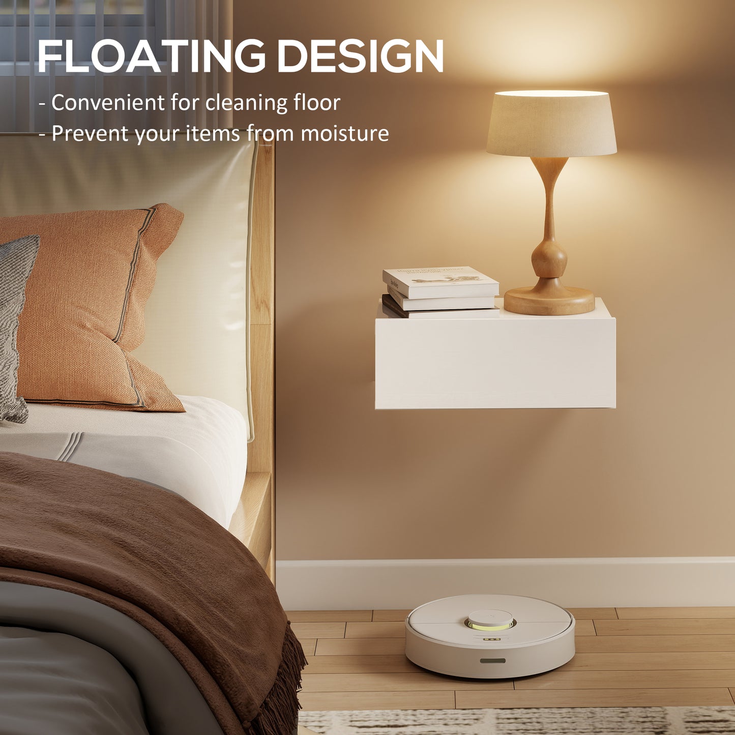 HOMCOM Floating Bedside Table Set Of 2 White Wall Mounted Nightstands With Storage Drawers