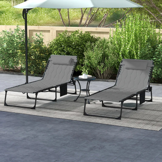 Outsunny Set of 2 Grey Sun Loungers with Five-Position Reclining Backs - Ultimate Comfort for Outdoor Relaxation