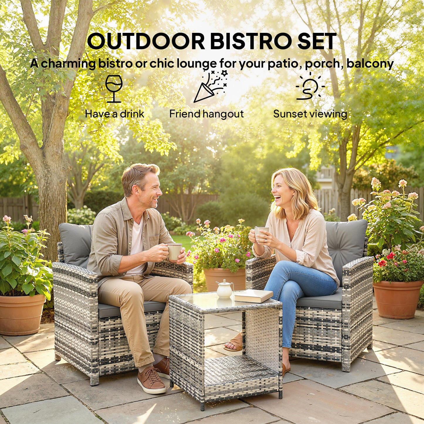 Outsunny Rattan Bistro Set 3 Piece Garden Furniture With 2 Tier Glass Top Table And Cushions Mixed Grey