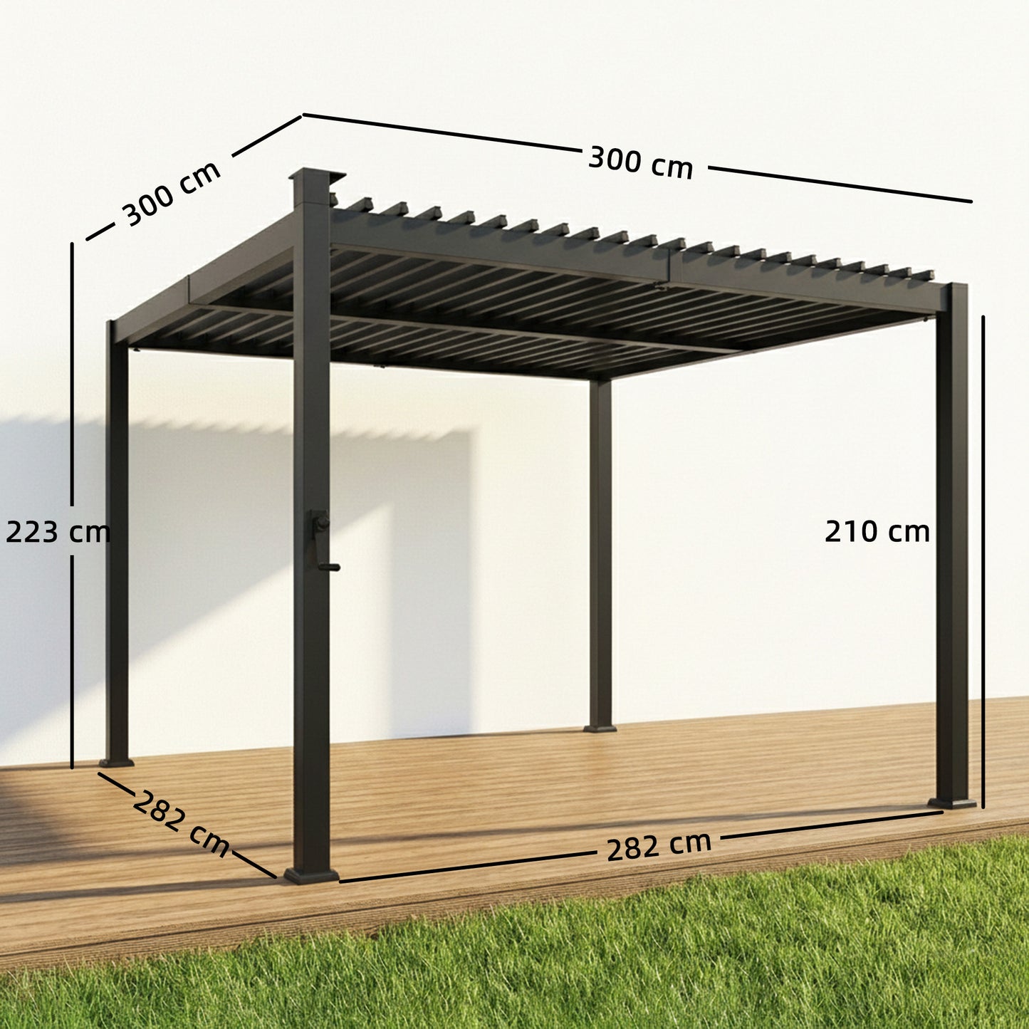 Outsunny 3 x 3 m Louvered Pergola With Solar LED Lights Metal Roof Drainage Gutters Black