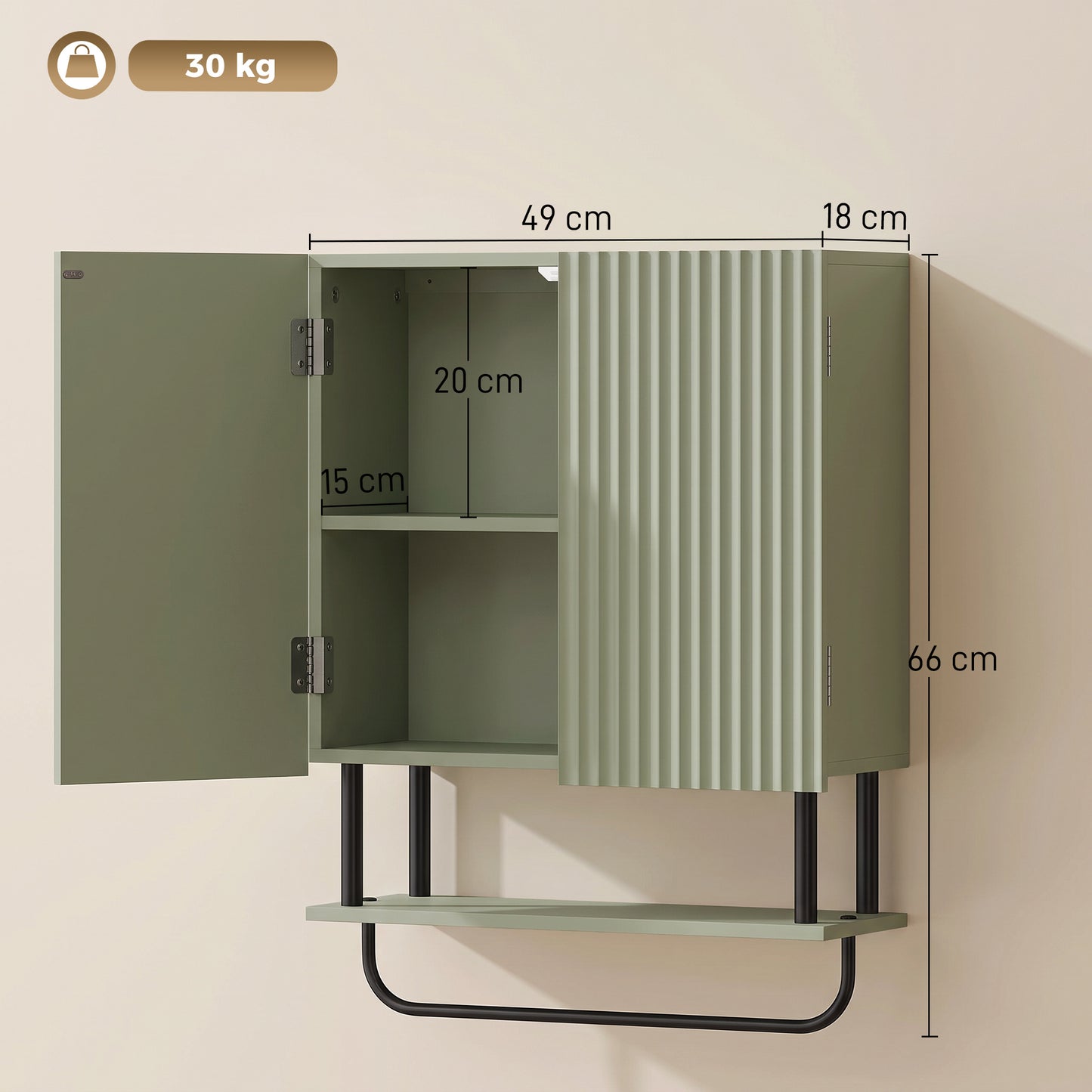 Homcom Bathroom Wall Cabinet With Storage Shelf And Towel Bar Green