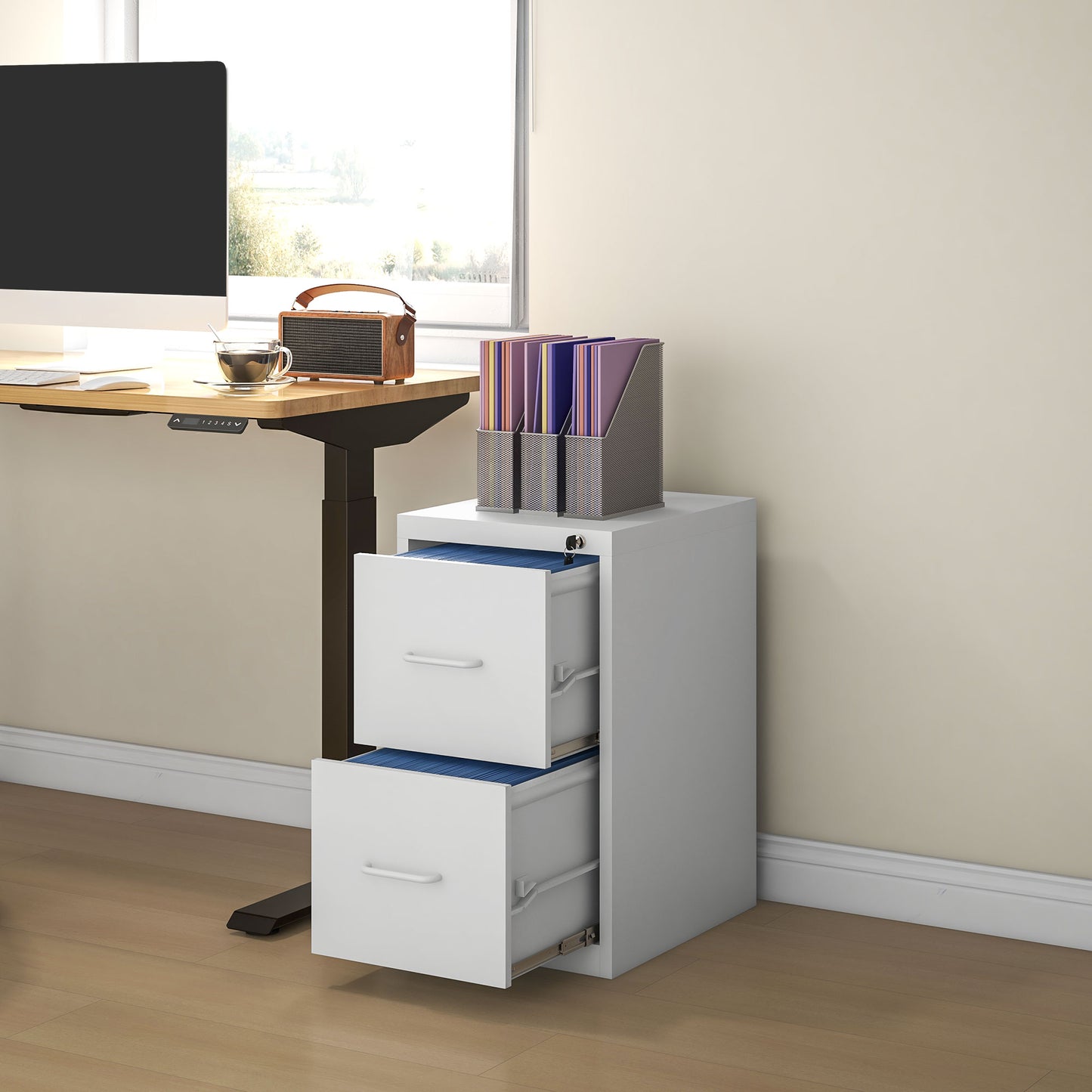 Modern White Steel Filing Cabinet with Two Drawers and Central Locking System - ALL4U RETAILER LTD