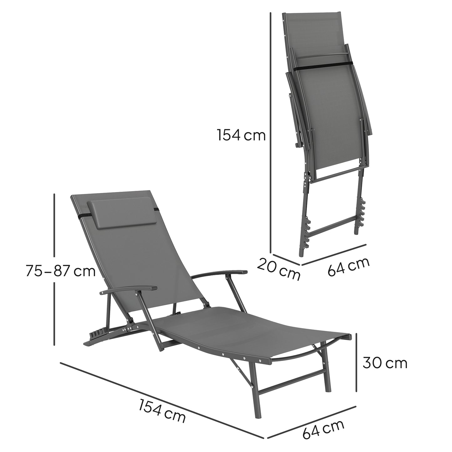 Outsunny Set of Two Adjustable Back Sun Loungers in Grey with Quick Dry Mesh and Head Pillows