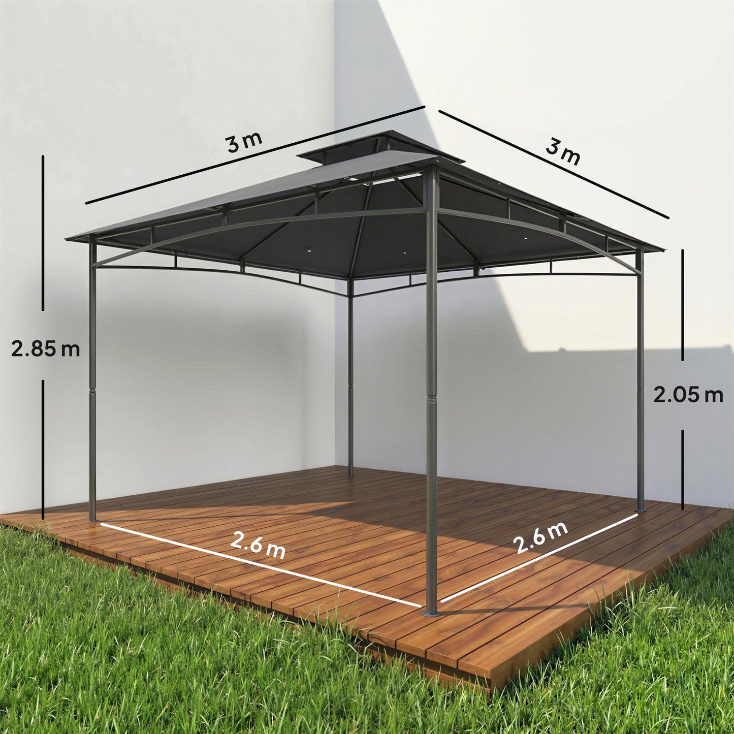 Outsunny 3x3 M Garden Gazebo With 2 Tier Roof And Powder Coated Metal Frame Dark Grey Waterproof UV Protected