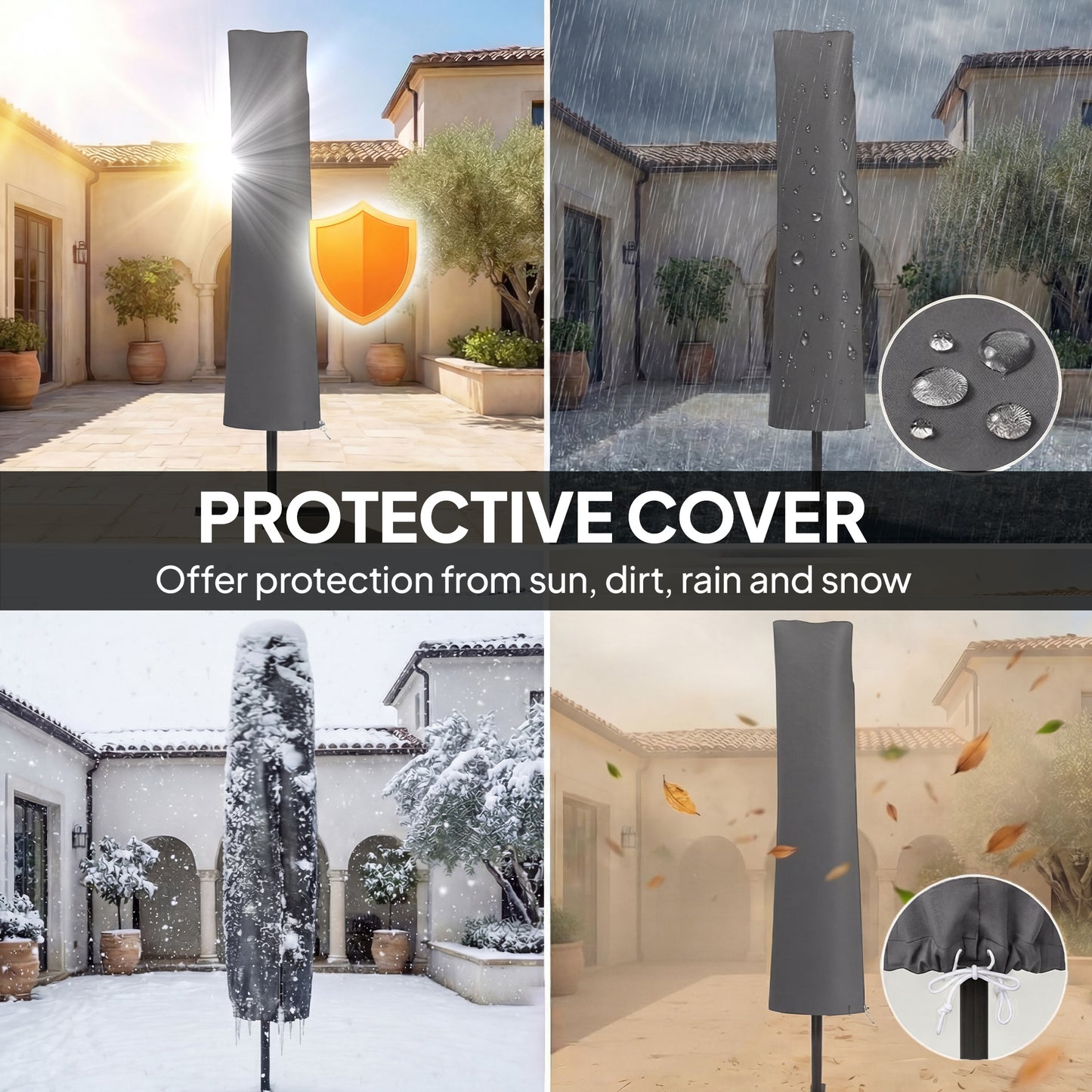 Outsunny 3x3m Garden Cantilever Parasol With Light And Cover UPF50 Plus Wind Protection 360 Degree Rotation Dark Grey