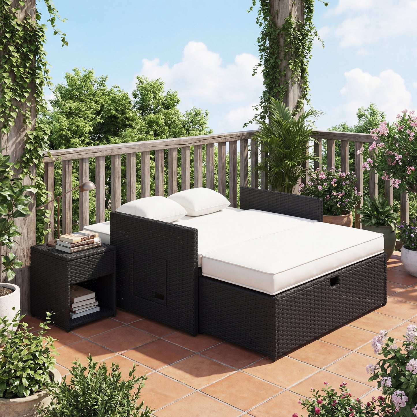 Outsunny Rattan Garden Daybed Two Piece Lounge Set With Adjustable Back And Storage Ottoman Cream White