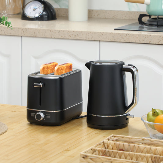 HOMCOM Black Kettle And Toaster Set 1.7L 3000W Fast Boil Kettle And 2 Slice Toaster With Defrost Reheat