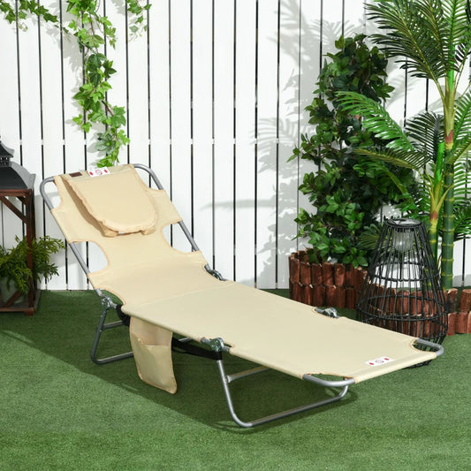 Outsunny Foldable Sun Lounger with Reading Hole, Arm Slots, 5-Position Adjustable Backrest, Side Pocket, Pillow - Beach Chaise Lounge for Patio, Garden, Pool - Beige - ALL4U RETAILER LTD