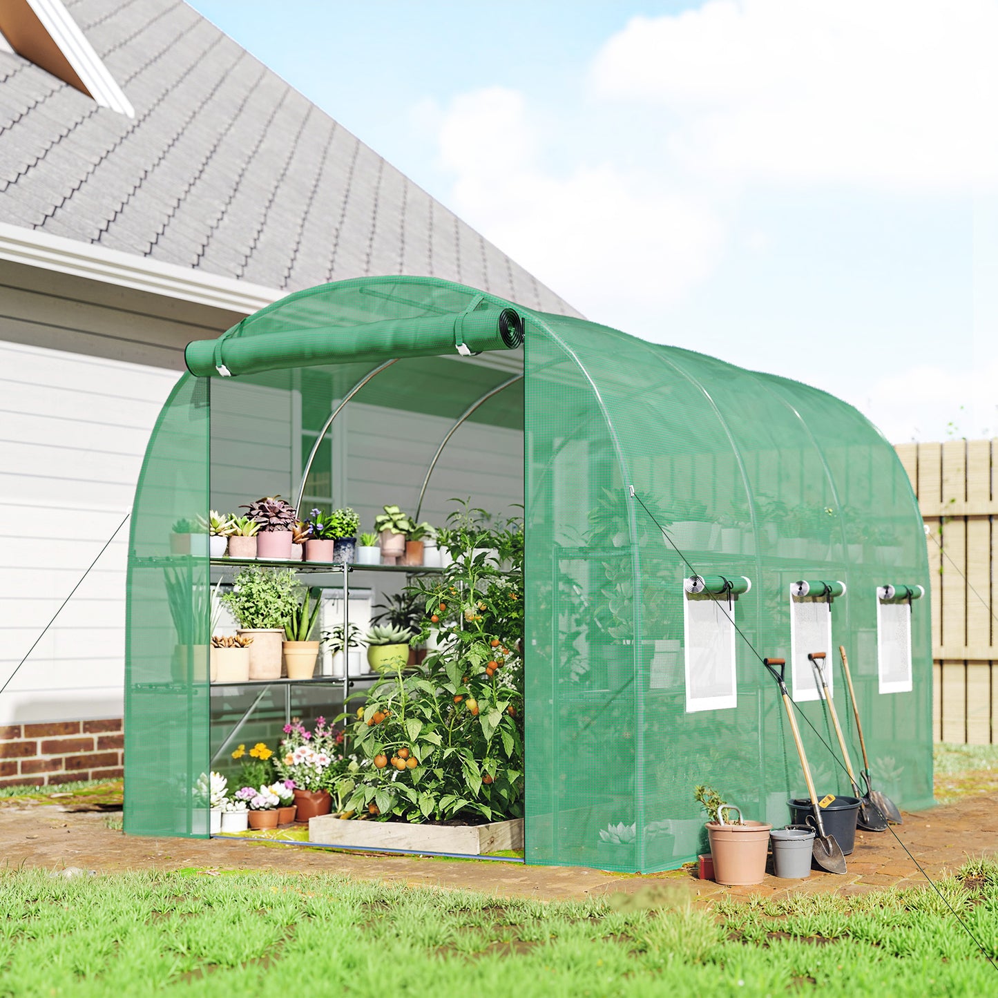 Outsunny Walk In Greenhouse Polytunnel With Shelves Roll Up Door 6 Mesh Windows UV Resistant 198 x 275 x 191 cm Green