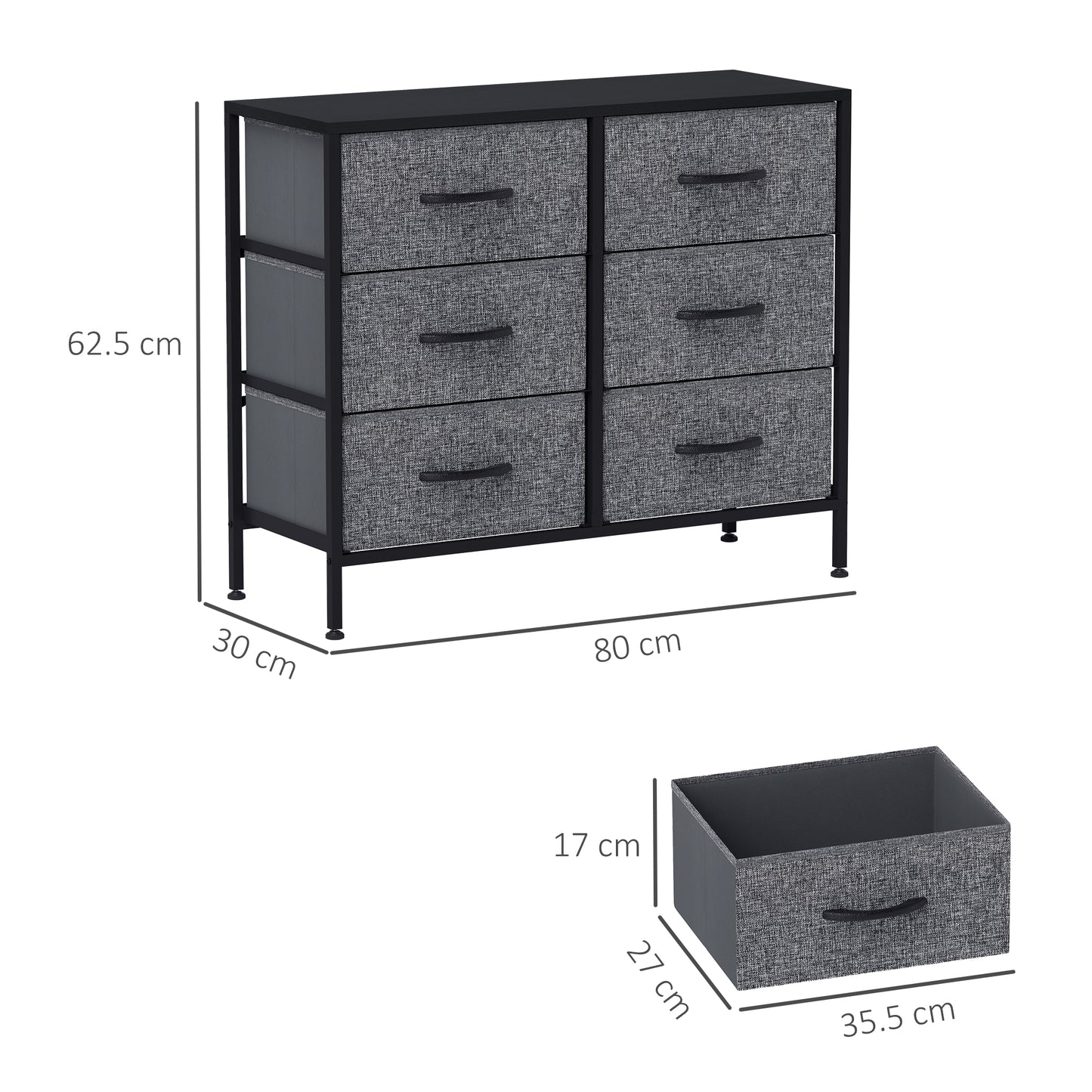 HOMCOM Fabric Chest Of Drawers With Steel Frame And Wooden Top Six Fabric Drawers Industrial Dresser Black