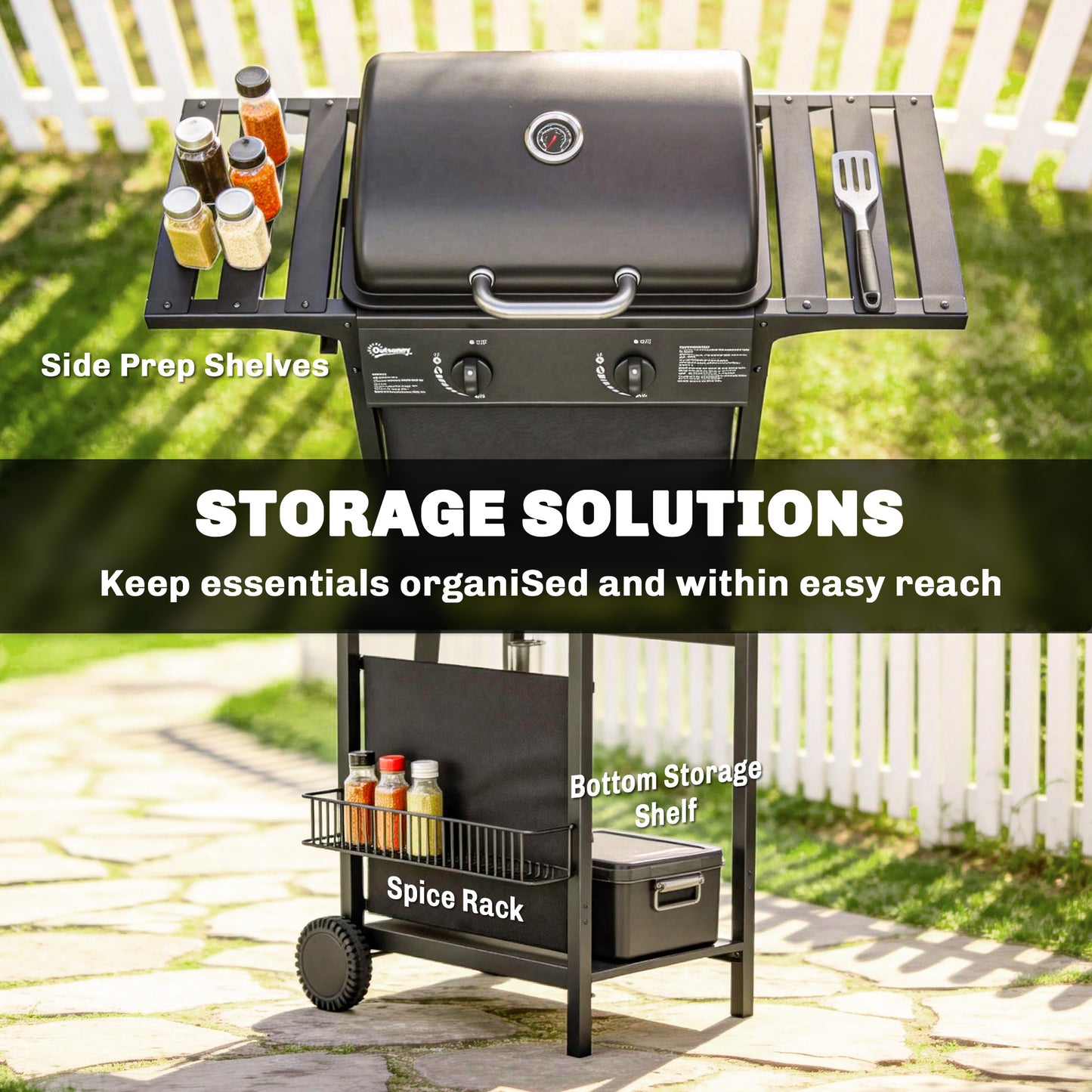 Outsunny Two Burner Gas Grill With Side Tables Warming Rack Thermometer Grease Tray Black