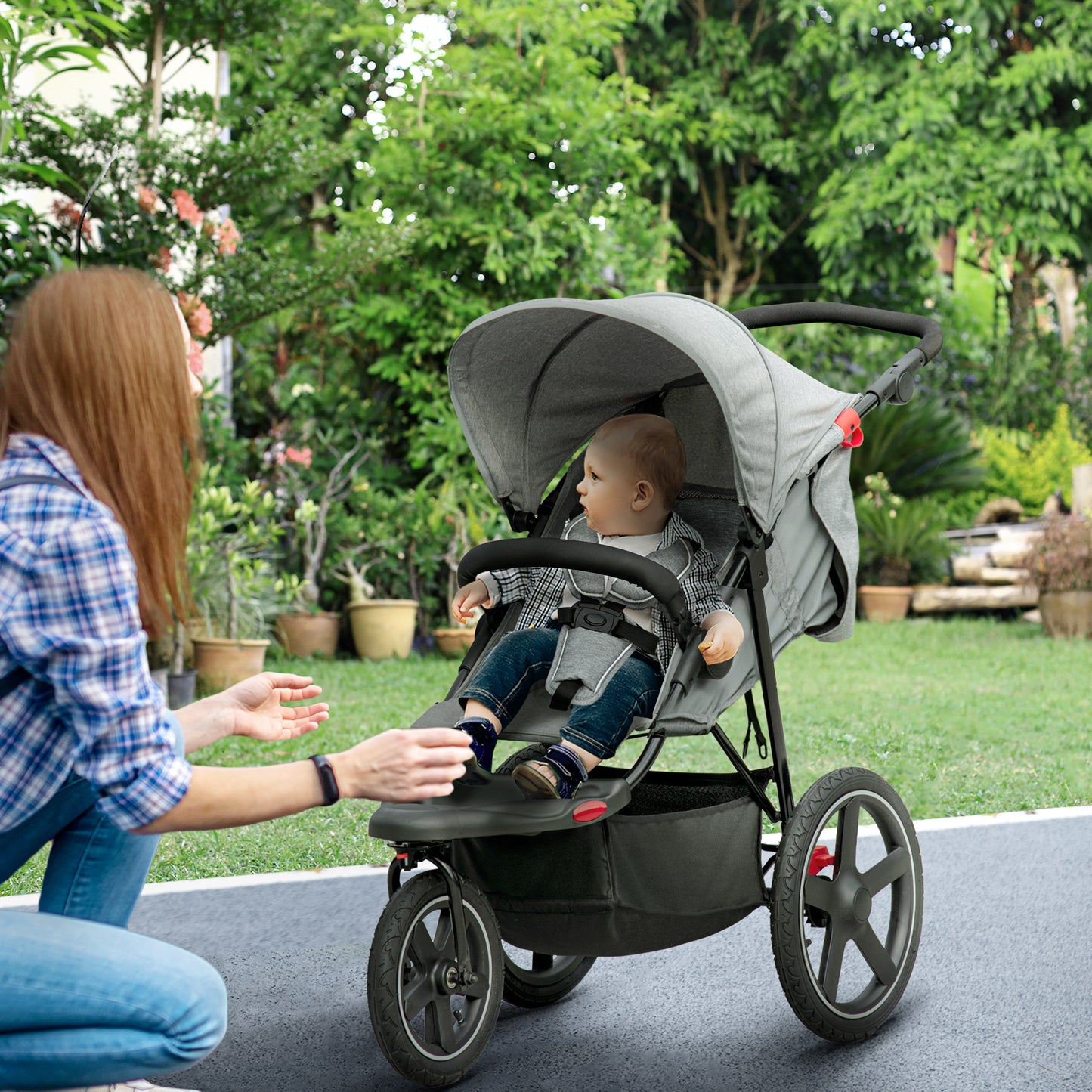 HOMCOM Compact Foldable Three-Wheel Toddler Stroller with Adjustable Canopy and Storage Basket - Grey - ALL4U RETAILER LTD