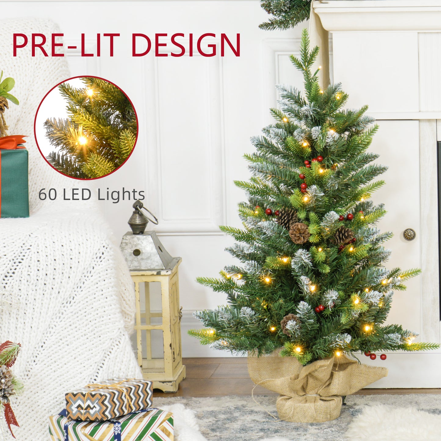 HOMCOM Set of 2 Tabletop 3ft Prelit Artificial Christmas Trees with LED Lights, Pine Cones, and Red Berries in Green - ALL4U RETAILER LTD