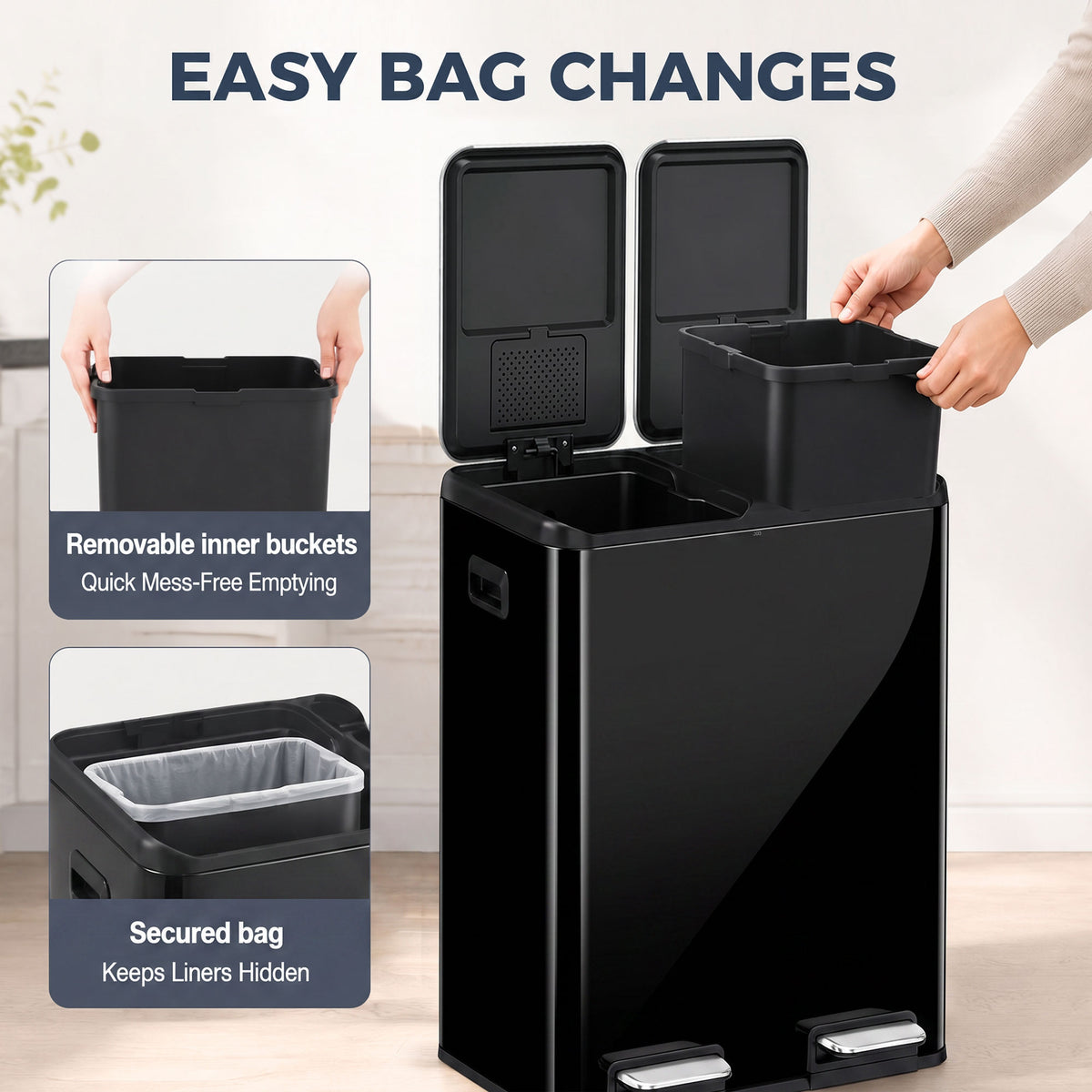 Homcom Double Kitchen Waste Bin 2x30L Pedal Soft Close Lids Black