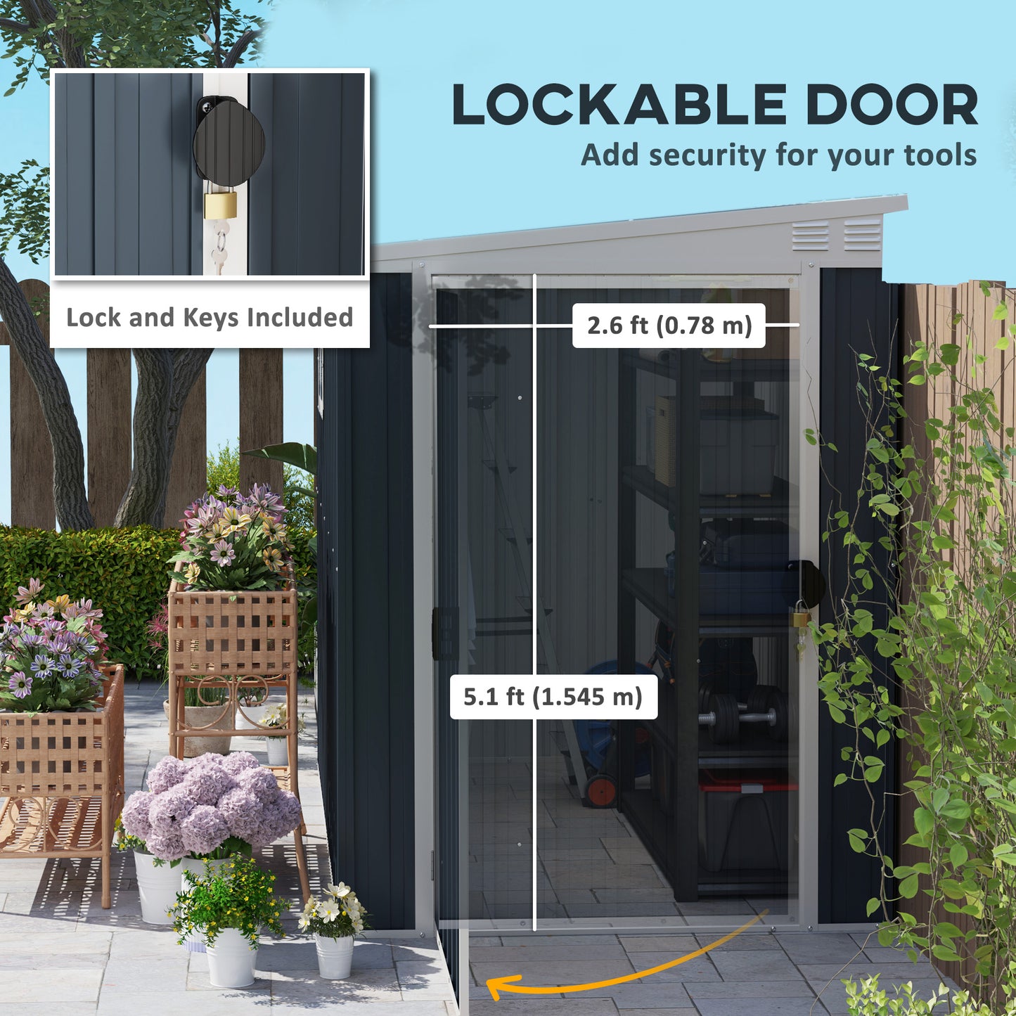 Outsunny 7.6 x 4ft Garden Metal Shed With Window 2 Vents Lockable Door Outdoor Storage for Garden Patio Dark Grey