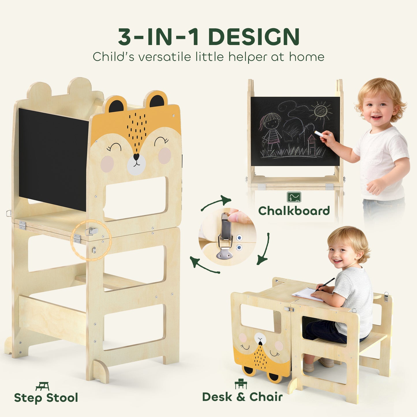 AIYAPLAY Toddler Step Stool Fox Shaped 3 in 1 Standing Tower with Chalkboard for Kitchen Counter Natural Wood