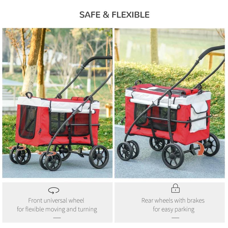 PawHut Foldable Dog Stroller with Detachable Carrier, Pet Travel Crate, Soft Padding - Ideal for Mini and Small Dogs - Red - ALL4U RETAILER LTD