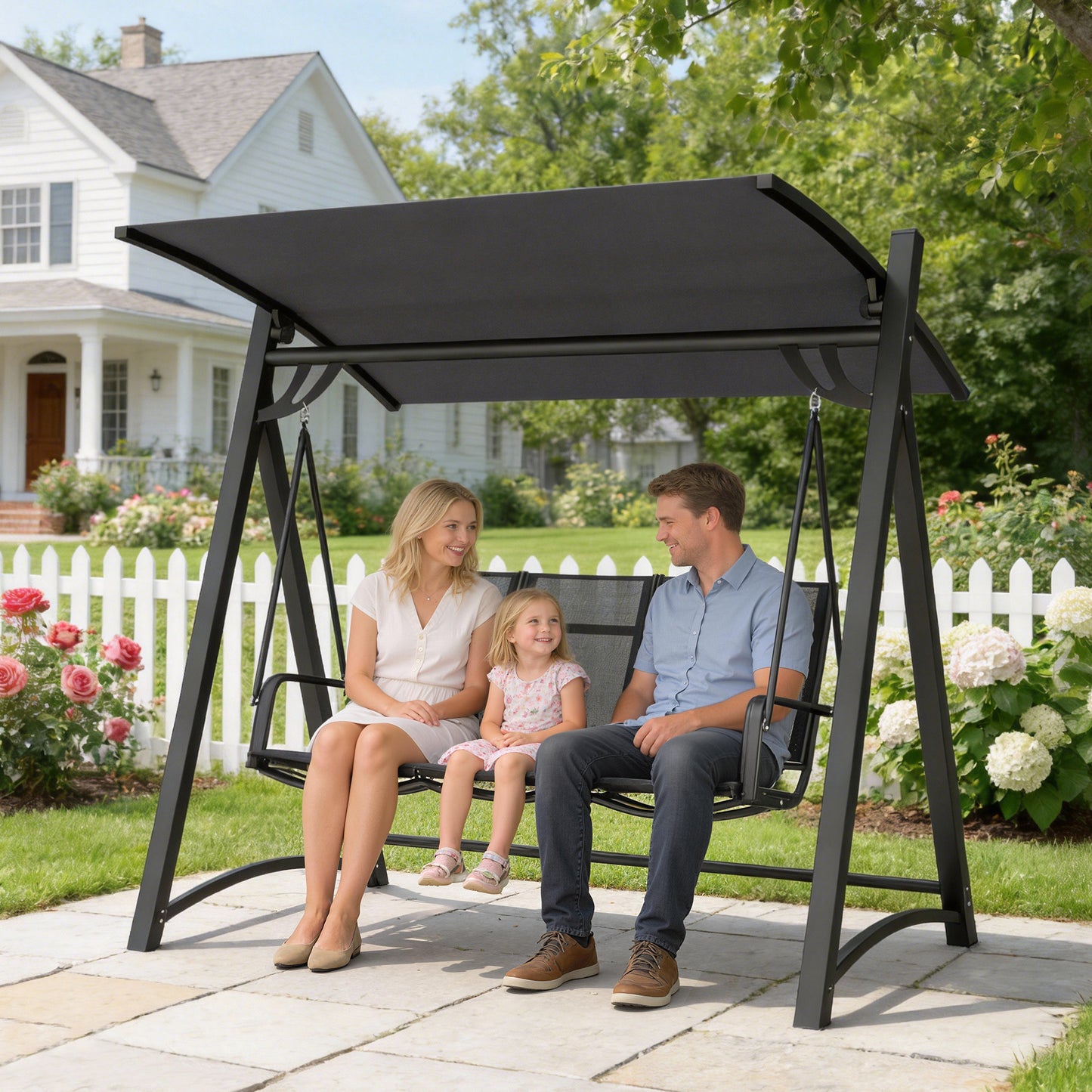 Outsunny 3 Seater Swing Chair Garden Swing Bench Adjustable Tilting Canopy Breathable Mesh Seat 360 Kg Capacity Grey