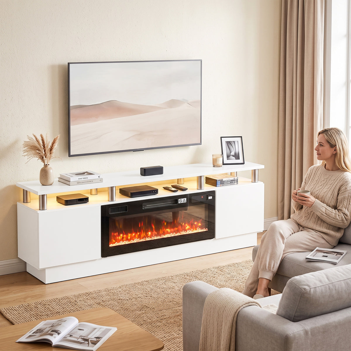 White electric fireplace TV stand with central flame window and side storage shelves