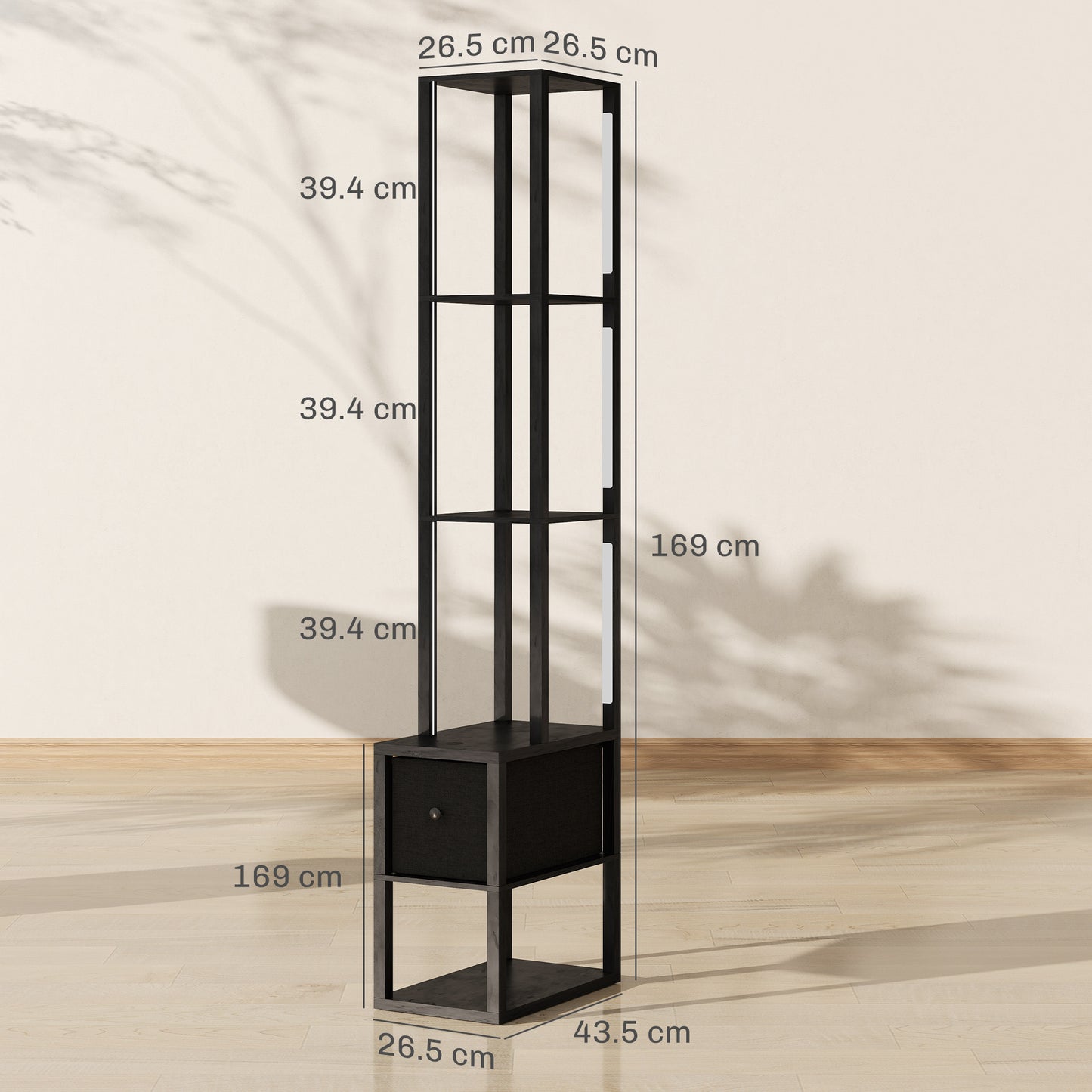 HOMCOM Floor Lamp With Shelves LED Column Modern Standing Lamp With Fabric Drawer And Foot Switch For Living Room Black