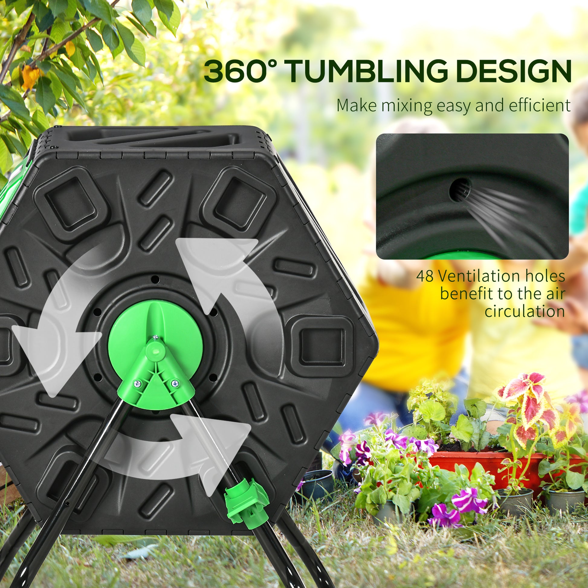 Outsunny 65L Rotating Garden Compost Bin with 48 Ventilation Openings and Steel Support Legs - ALL4U RETAILER LTD