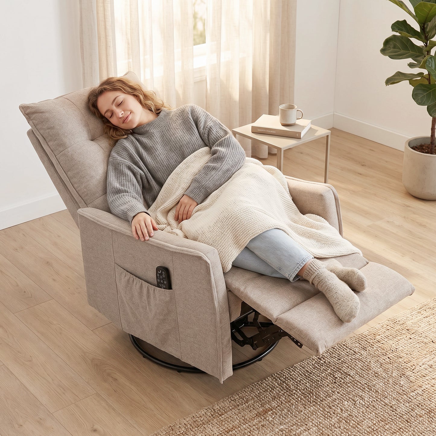 HOMCOM Chenille Recliner Armchair With Massage And Heat 360 Degree Swivel Manual Rocking Chair Brown