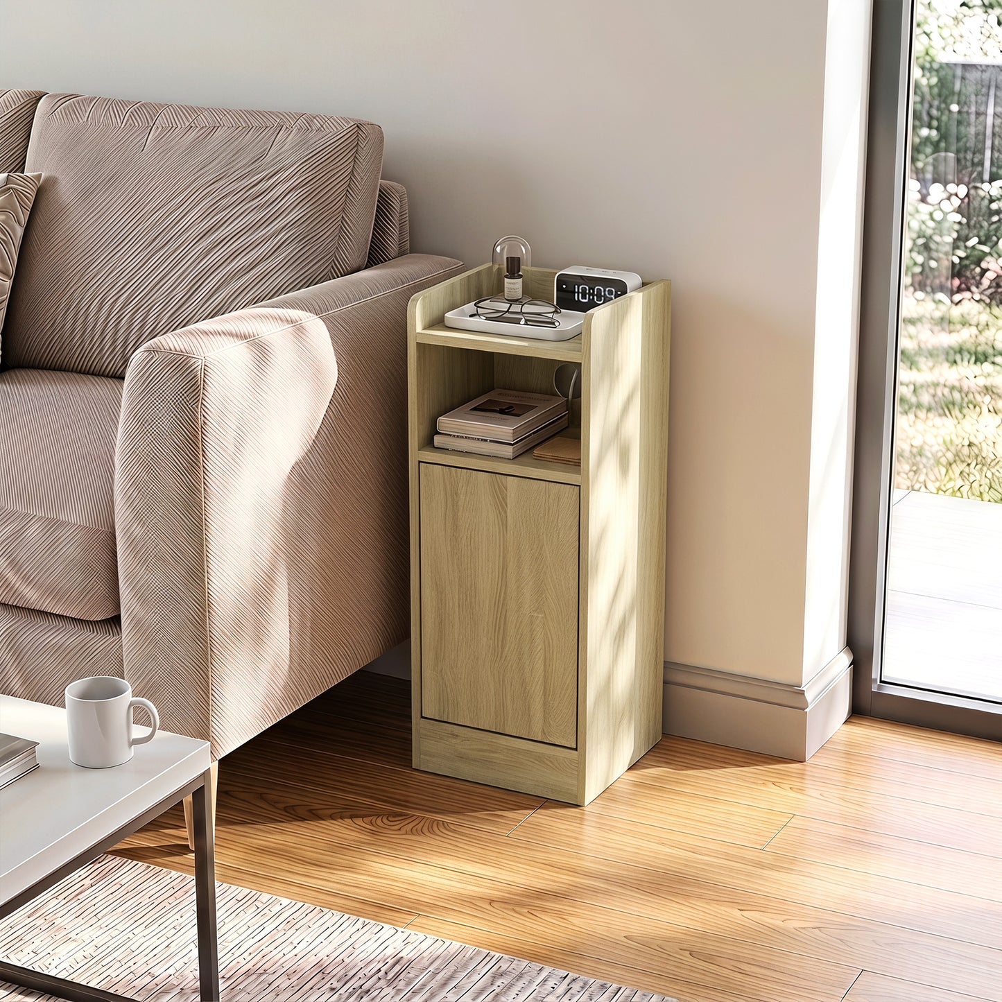 HOMCOM Slim Bedside Table Set Of 2 Oak With Charging Station