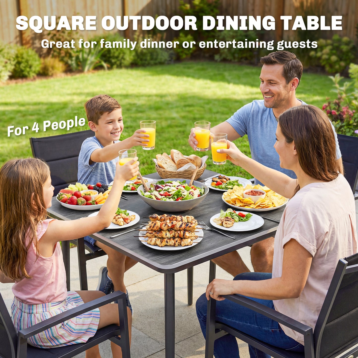 Outsunny 85 cm Square Garden Dining Table for 4 with Umbrella Hole Faux Wood Top Metal Legs Dark Grey