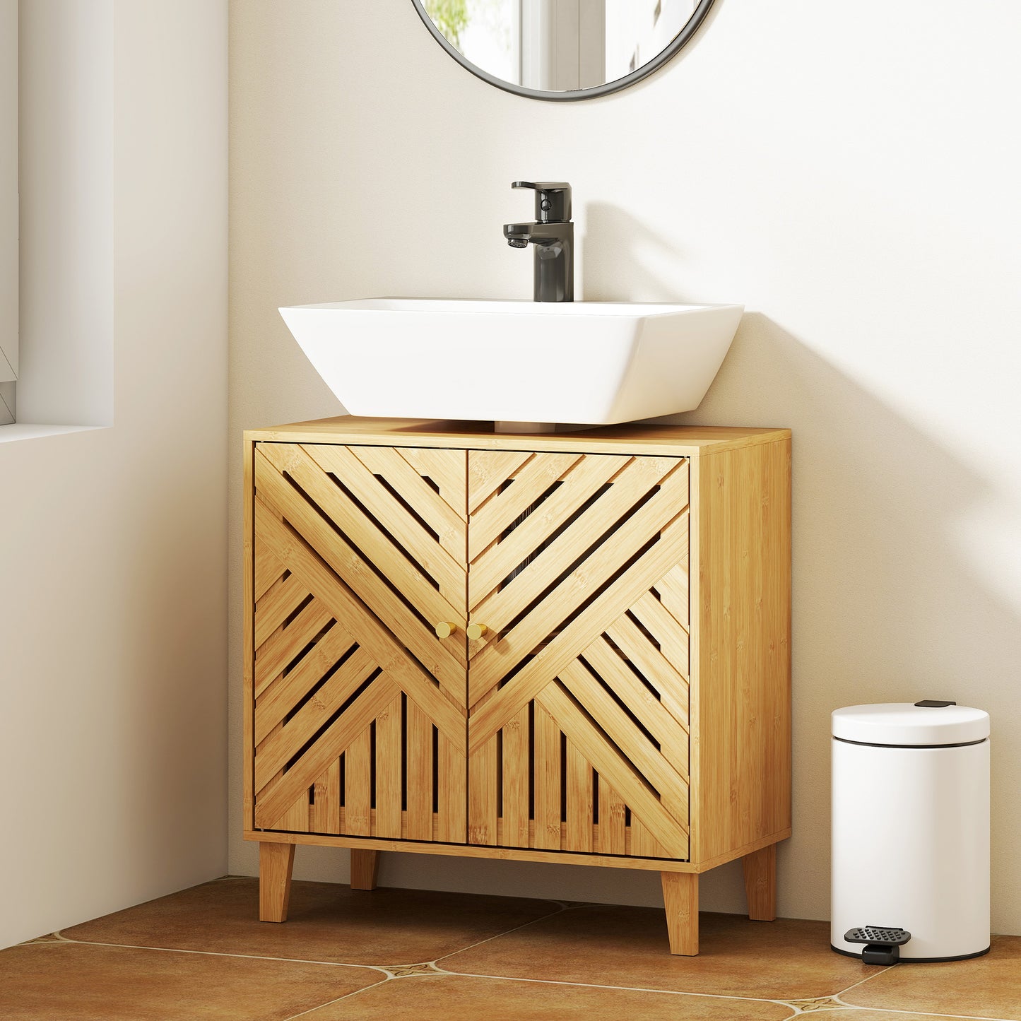 HOMCOM Bamboo Bathroom Under Sink Cabinet With Adjustable Shelf For Basin Without Pedestal Natural