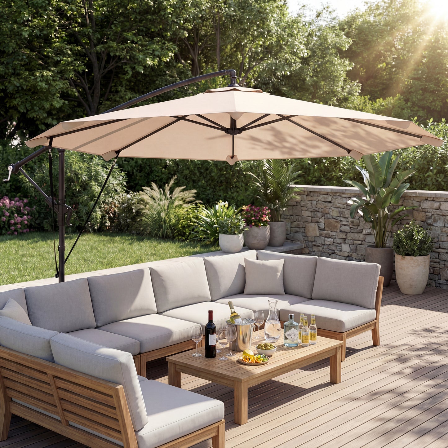 Outsunny 3 Meter Cantilever Banana Parasol With Crank Handle Protective Cover And Wind Ropes Khaki