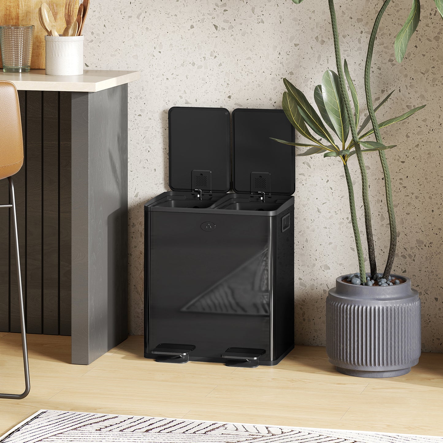 HOMCOM 40L Dual Compartment Stainless Steel Bin With Deodoriser Holders Glossy Black