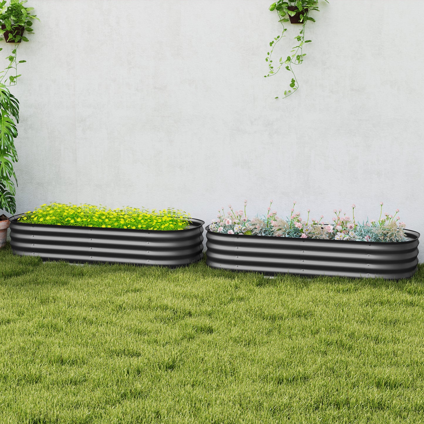 Outsunny Galvanised Raised Garden Bed Pack Of 2 With Safety Edging For Flowers Herbs Succulents Dark Grey