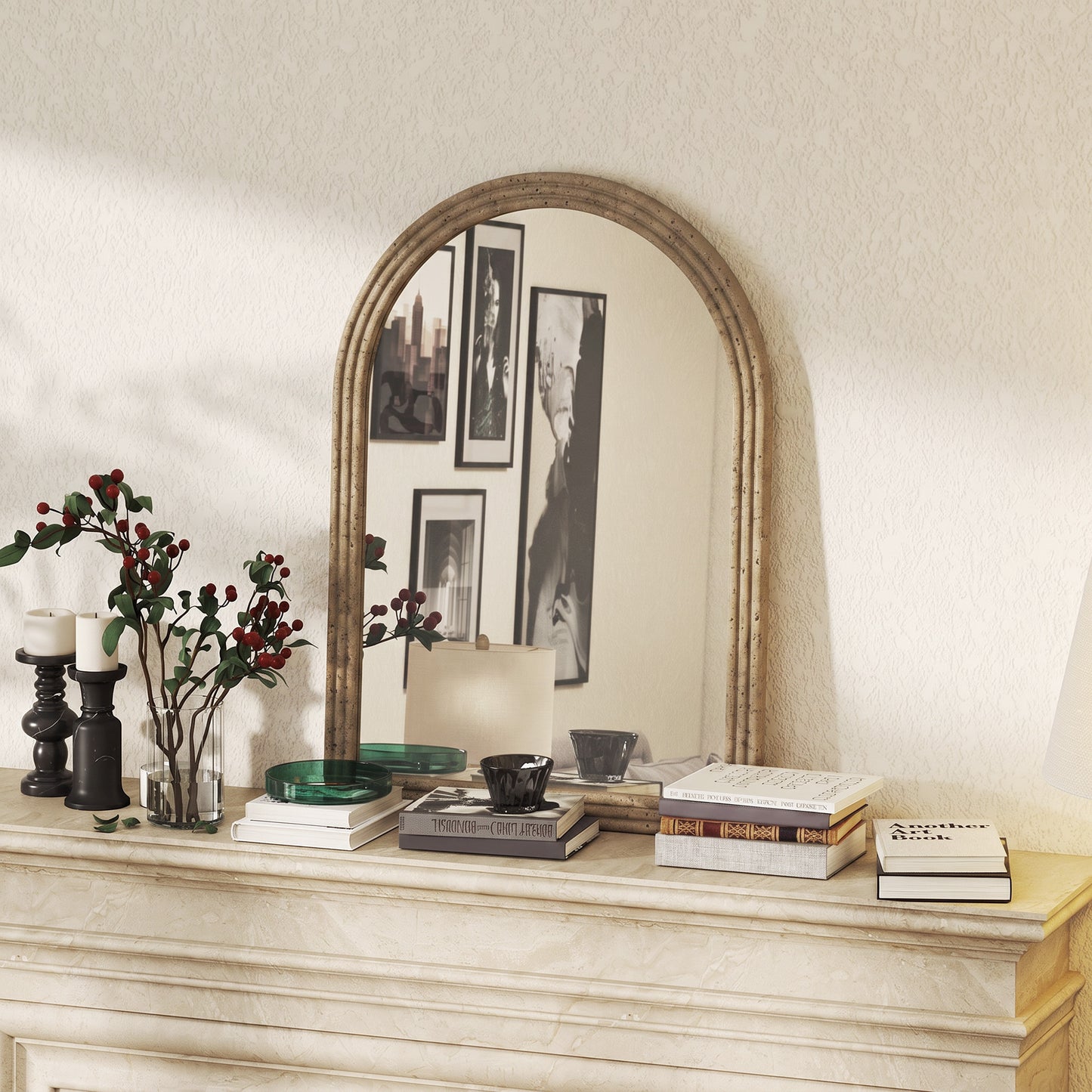 HOMCOM Modern Arched Wall Mirror With Brown Finish For Living Room