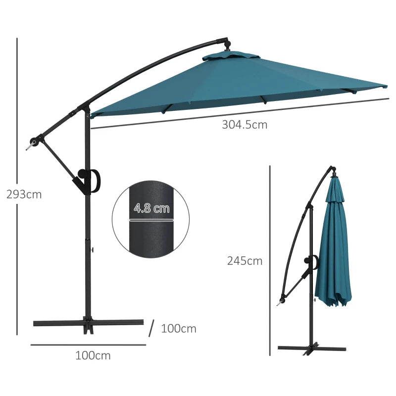 Outsunny 3m Cantilever Parasol - Blue Round Hanging Patio Umbrella with Cross Base, Crank Handle, Tilt, and 8 Ribs for Outdoor Pool, Garden, Balcony - ALL4U RETAILER LTD