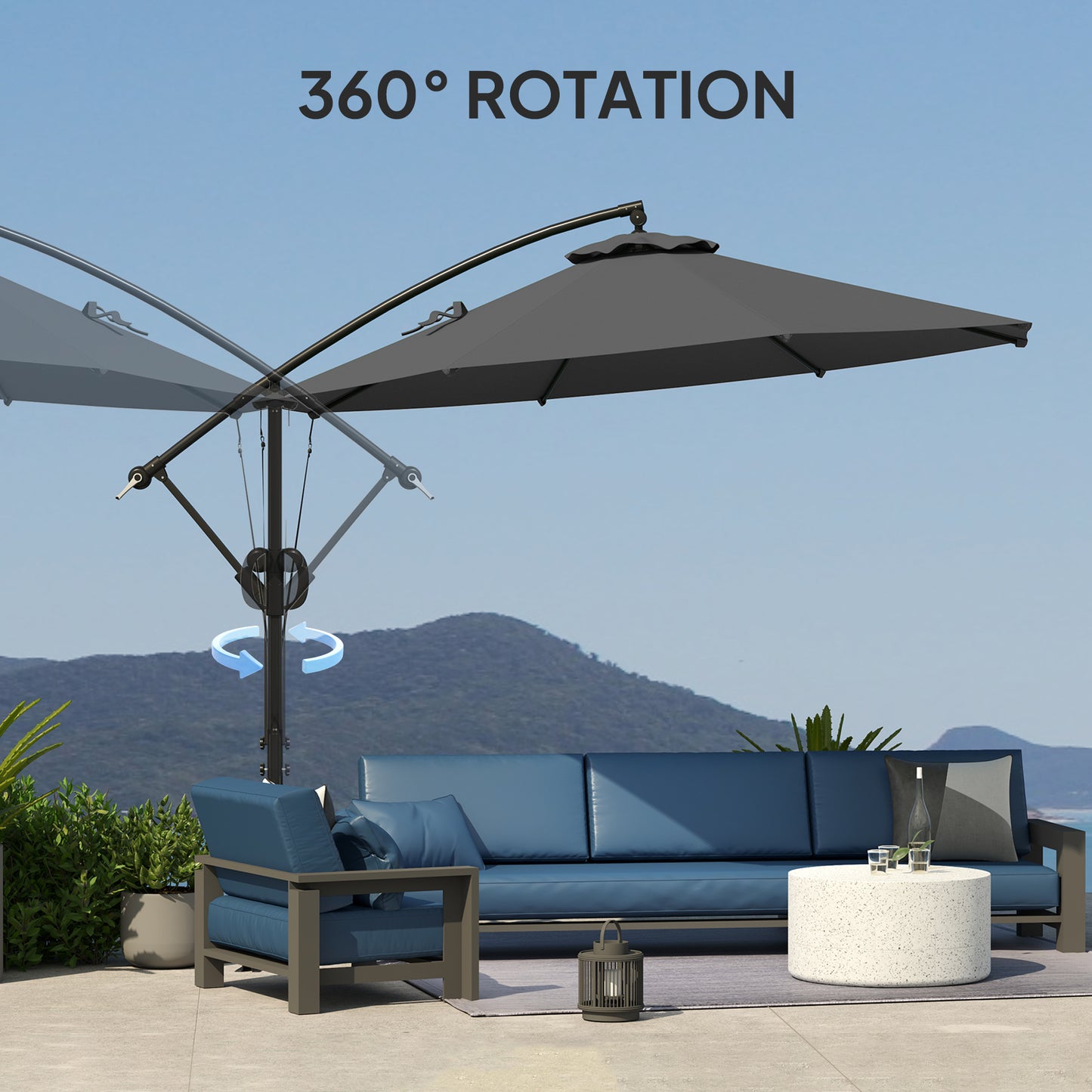 Outsunny 3m Cantilever Garden Parasol With Cover And Wind Straps Round Overhang Umbrella Crank Tilt Grey UPF50 Plus