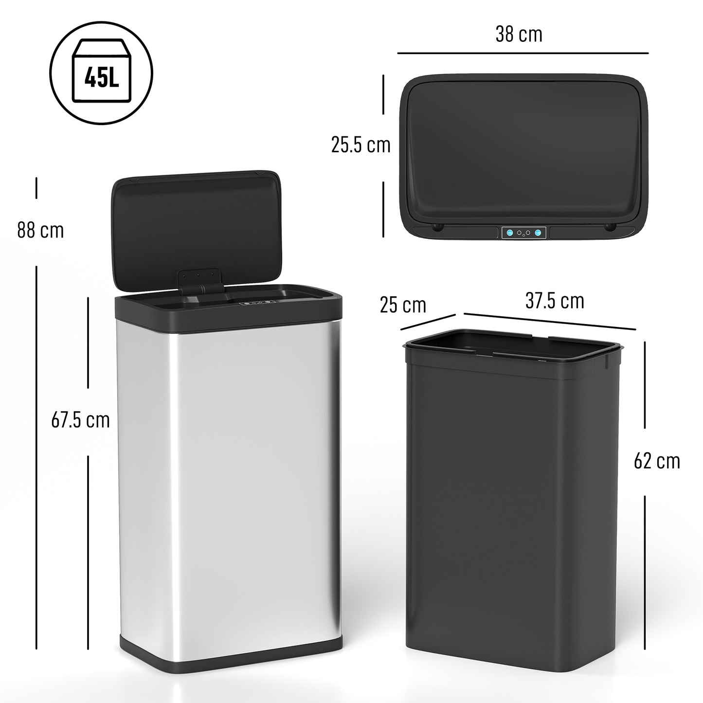 HOMCOM 45 Liter Stainless Steel Trash Can With Touchless Motion Sensor And Soft Close Lid Removable Inner Bucket