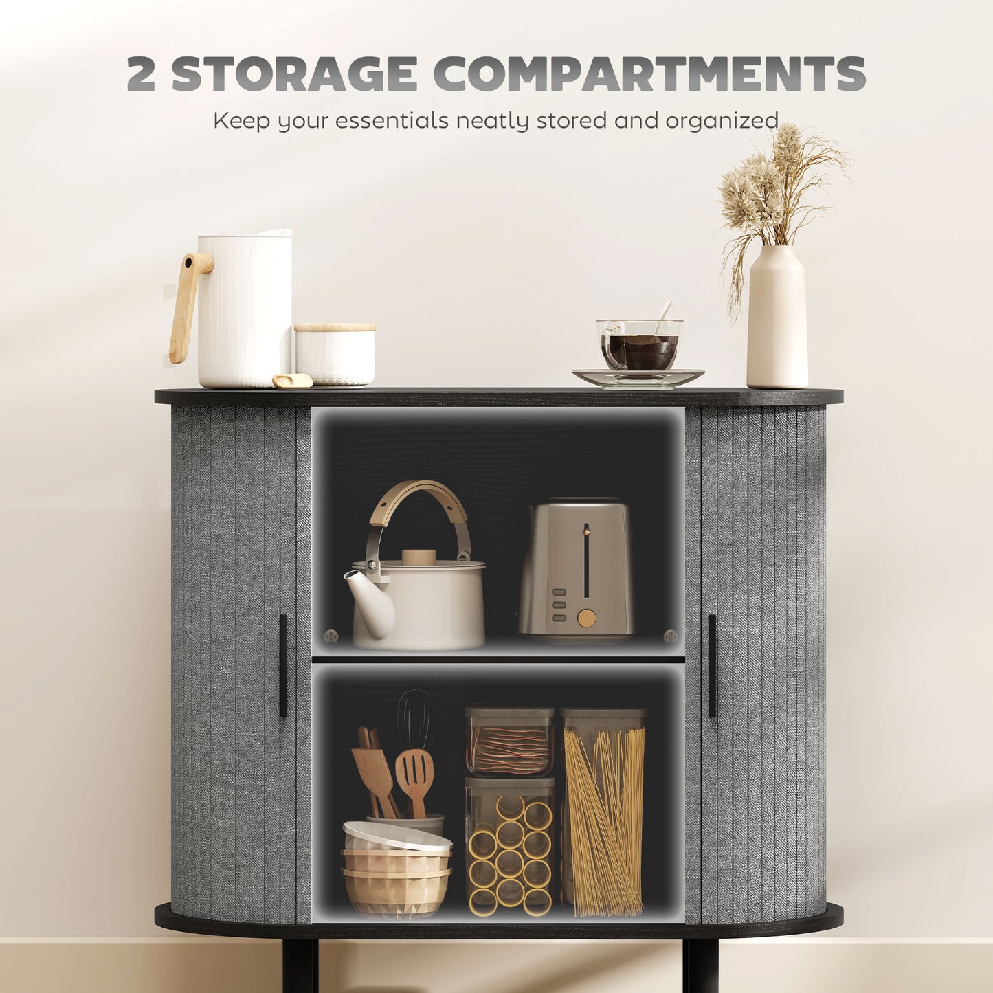 HOMCOM Tambour Sideboard With Fluted Sliding Doors Modern Kitchen Cupboard With Storage Shelves And Wooden Legs Grey