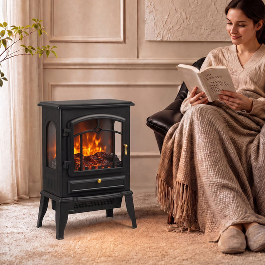 3-sided electric fireplace heater, dark gray with glowing flame effect behind glass